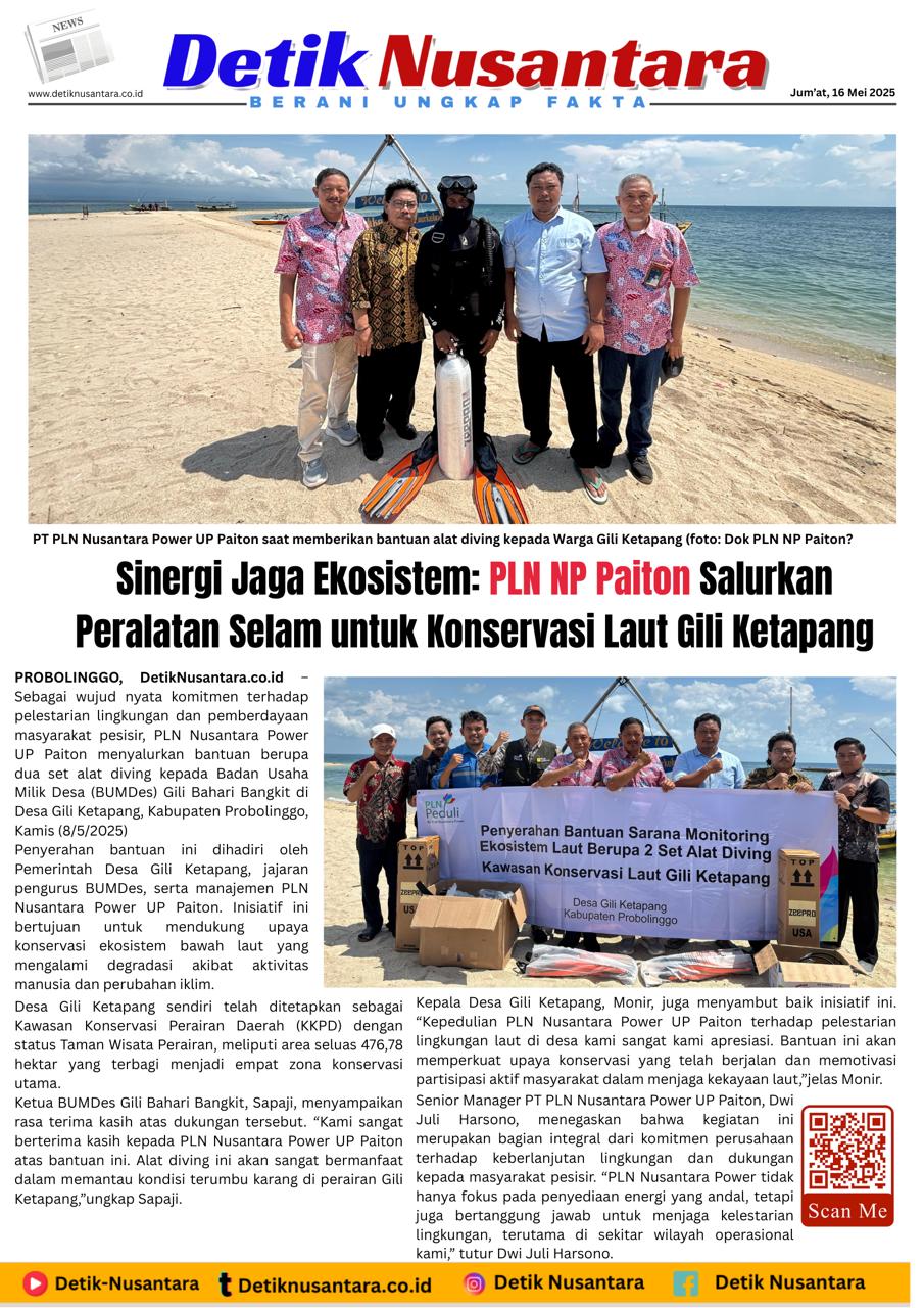 PLN Paiton Salurkan Bantuan Peralatan Selam untuk Konservasi Laut Gili Ketapang